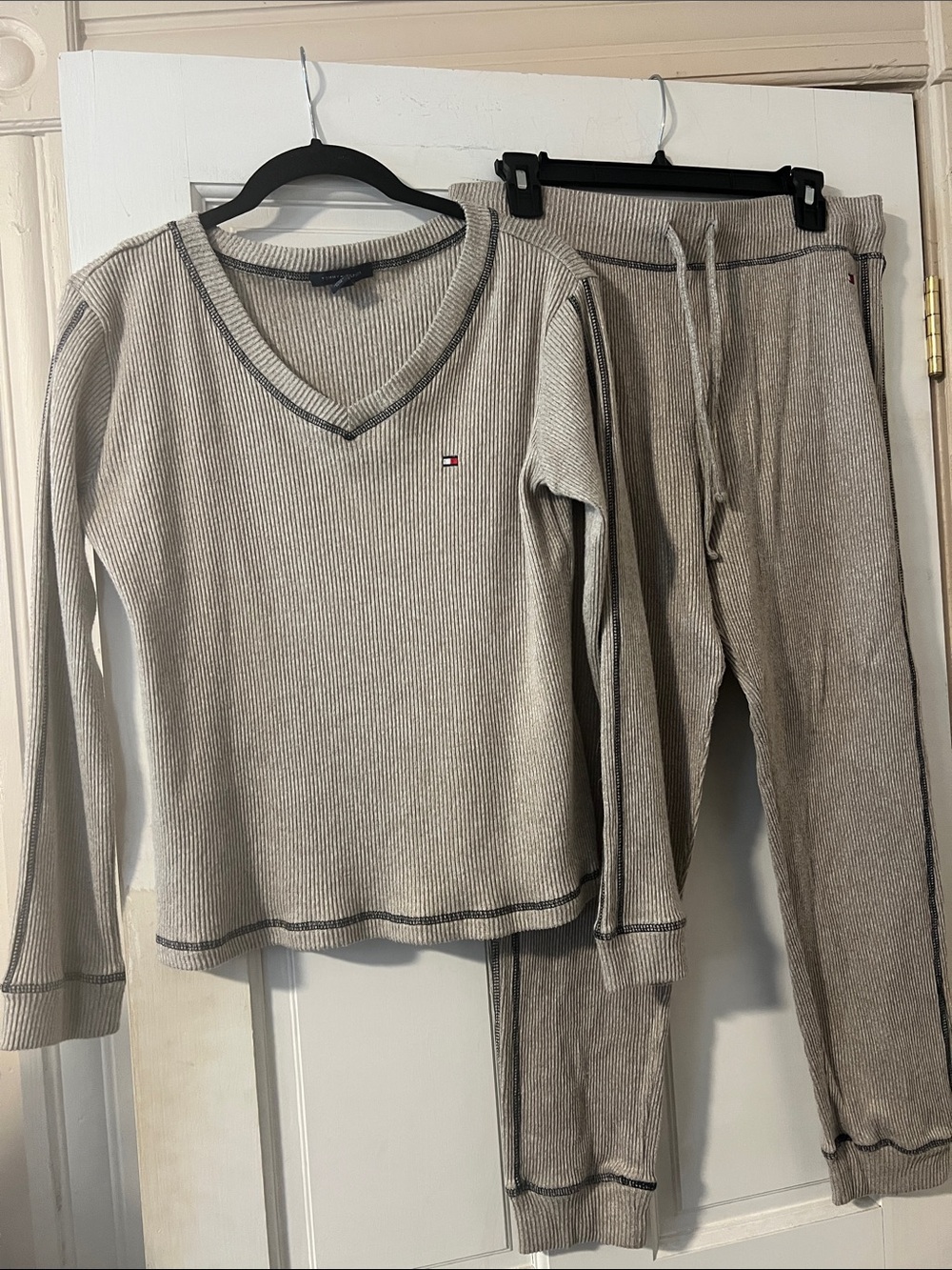 Tommy Hilfiger Cream Ribbed V-Neck Top & Drawstring Lounge Set
